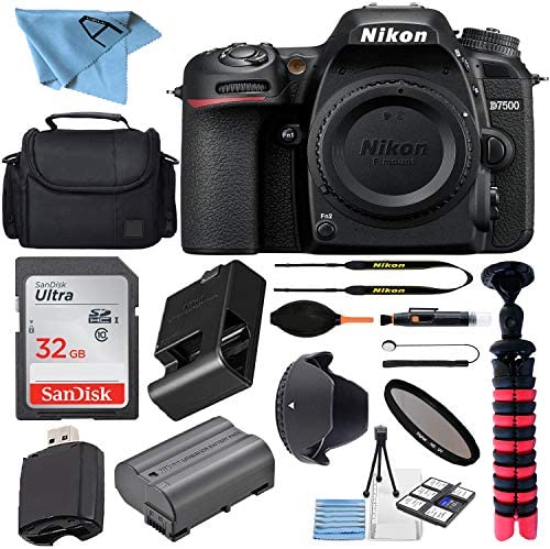 Nikon D7500 20.9MP DSLR Digital Camera Body with 3.2 Inch Touchscreen LCD + SanDisk 32GB Memory Card + Camera Gadget Bag + Spider Tripod + Accessory Bundle (Black)