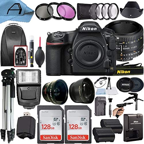 Nikon D850 DSLR Camera 45.7MP CMOS Sensor with AF FX NIKKOR 50mm f/1.8D Lens, 2 Pack SanDisk 128GB Memory Card, Backpack, Full Size Tripod & A-Cell Accessory Bundle (Black)