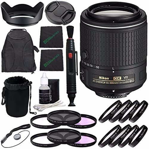 Nikon AF-S DX NIKKOR 55-200mm f/4-5.6G ED VR II Lens + 52mm 3 Piece Filter Set (UV, CPL, FL) + 52mm +1 +2 +4 +10 Close-Up Macro Filter Set + Lens Cap + Lens Hood + Lens Cleaning Pen Bundle 4