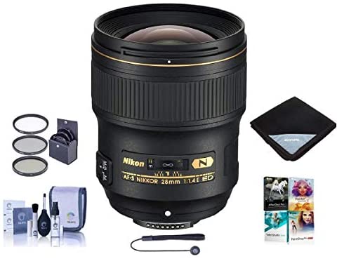 Nikon 28mm f/1.4E AF-S NIKKOR Lens - U.S.A. Warranty - Bundle with 77mm Filter Kit, Cleaning Kit, Lens Wrap 15x15, Capleash II, PC Software Package