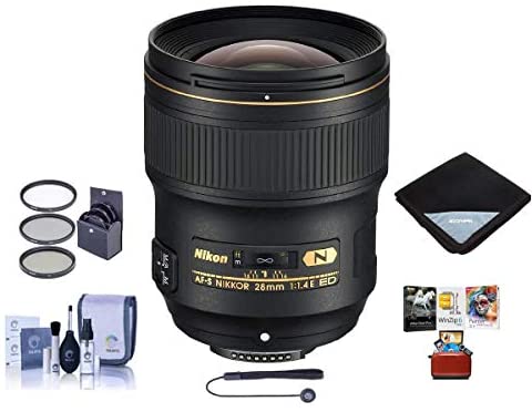 Nikon 28mm f/1.4E AF-S NIKKOR Lens - Bundle with 77mm Filter Kit, Cleaning Kit, Lens Wrap 15x15, Capleash II, Mac Software Package