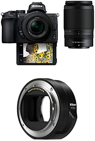 Nikon Z50 Compact Mirrorless Digital Camera with Flip Under Selfie/Vlogger LCD | 2 Zoom Lens Kit Includes: NIKKOR Z DX 16-50mm f/3.5-6.3 VR & 50-250mm F/4.5-6.3 VR with Nikon Mount Adapter FTZ II