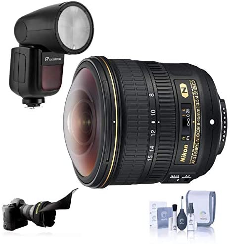 Nikon 8-15mm f/3.5-4.5E EDIF AF-S Fisheye NIKKOR Lens - Bundle with Flashpoint Zoom Li-on X R2 TTL On-Camera Round Flash Speedlight, Flex Lens Shade,Cleaning Kit