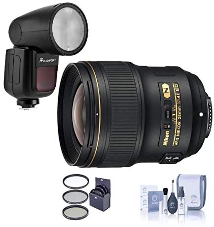 Nikon 28mm f/1.4E AF-S NIKKOR Lens - Bundle with Flashpoint Zoom Li-on X R2 TTL On-Camera Round Flash Speedlight, 77mm Filter Kit, Cleaning Kit