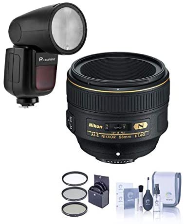 Nikon 58mm f/1.4G AF-S NIKKOR Lens - Bundle Flashpoint Zoom Li-on X R2 TTL On-Camera Round Flash Speedlight, 72mm Filter Kit, Cleaning Kit