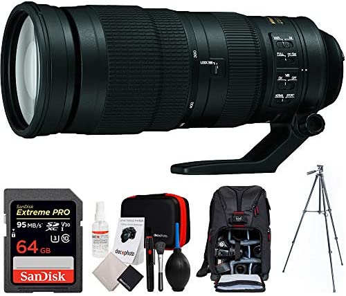 Nikon AF-S FX Full Frame NIKKOR 200-500mm f/5.6E ED Zoom Lens (20058) + Sandisk 64GB Memory Card, Photo Camera Backpack for Cameras, Cleaning Kit for DSLR Cameras & 60