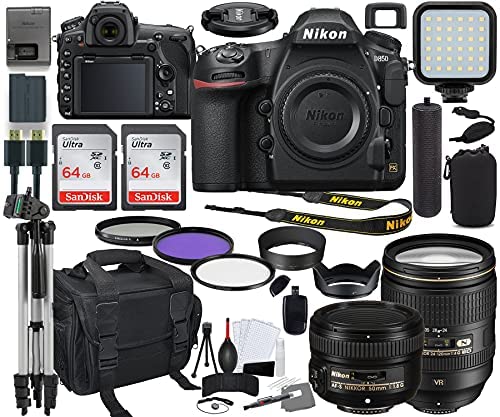 Nikon D850 DSLR Camera (1585) with 24-120mm & 50mm f/1.8G Lens Bundle + Prime Accessory Kit Including 128GB Memory, Light, Camera Case, Hand Grip & More