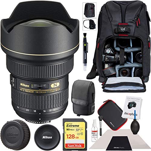 Nikon AF-S NIKKOR 14-24mm f/2.8G ED DSLR Camera Zoom Lens Kit with 128GB SDXC Memory Card and Deco Gear Photography Backpack Professional Bundle