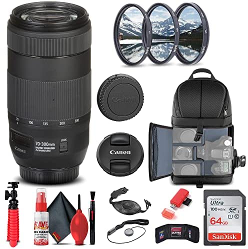 Canon EF 70-300mm f/4-5.6 is II USM Lens (0571C002) + Filter Kit + Backpack + 64GB Card + Card Reader + Flex Tripod + Memory Wallet + Cap Keeper + Cleaning Kit + Hand Strap + More (Renewed)