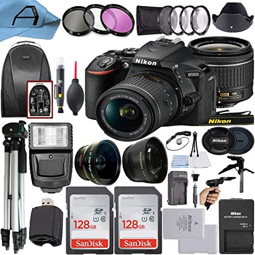 Nikon D5600 DSLR Camera 24.2MP Sensor with NIKKOR 18-55mm f/3.5-5.6G VR Len, 2 Pack SanDisk 128GB Memory Card, Backpack, Tripod, Slave Flash Light and A-Cell Accessory Bundle (Black)