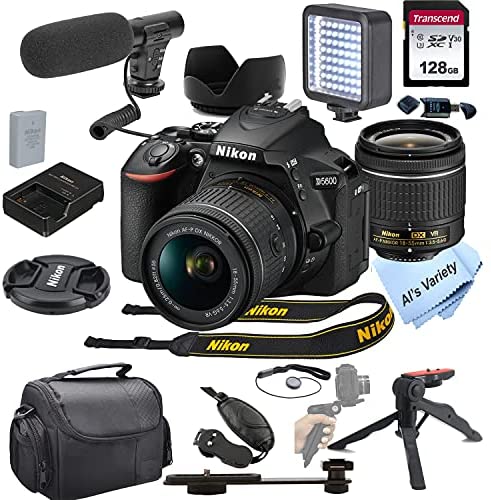 Nikon intl. D5600 DSLR Camera with 18-55mm VR Lens + Shot-Gun Microphone + LED Always on Light+ 128GB Card, Gripod, Case, and More (18pc Video Bundle)