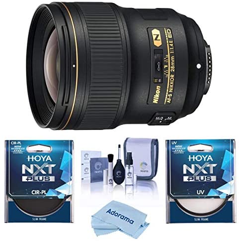 Nikon 28mm f/1.4E AF-S NIKKOR Lens - Bundle with Hoya NXT Plus 77mm 10-Layer HMC UV Filter, Hoya 77mm NXT Circular Polarizer Filter, Cleaning Kit, Microfiber Cloth