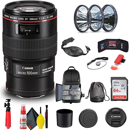 Canon EF 100mm f/2.8L Macro is USM Lens (3554B002) + Filter Kit + Backpack + 64GB Card + Card Reader + Flex Tripod + Memory Wallet + Cap Keeper + Cleaning Kit + Hand Strap + More (Renewed)