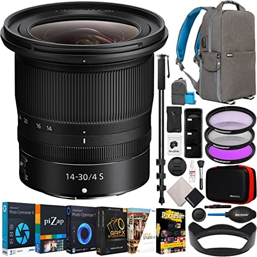Nikon NIKKOR Z 14-30mm f/4 S Full Frame Ultra-Wide Zoom Lens for Z-Mount Mirrorless Cameras 20070 Bundle with Deco Gear Photography Backpack + UV/CPL/FLD Filter Kit + Monopod + Software & Accessories
