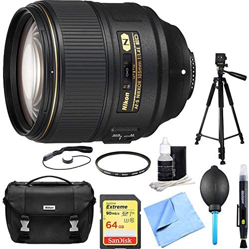 Nikon AF-S NIKKOR 105mm f/1.4E ED Lens w/ 64GB Deluxe Bundle Includes, 64GB Memory Card, 82mm UV Filter, Gadget Bag, 60 Tripod, Lens Cleaning Pen & Kit, Blower, Lens Cap & Cleaning Cloth