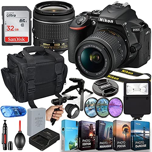 Nikon Intl. Nikon D5600 DSLR Camera with 18-55mm Lens MFR 1576 + 32GB High Speed Memory + Slave Flash, Padded Shoulder Bag, Hand Grip Tripod, HD Filter, VideoPhoto Editing Software Package & More Nikon Intl. Nikon D5600 DSLR Camera with 18-55mm Lens MFR 1576 + 32GB High Speed Memory + Slave Flash, Padded Shoulder Bag, Hand Grip Tripod, HD Filter, VideoPhoto Editing Software Package & More