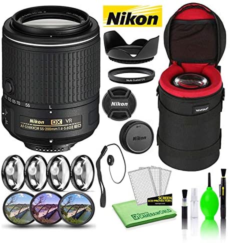 Nikon AF-S DX NIKKOR 55-200mm f/4-5.6G ED VR II Lens (20050) USA Model Bundle Package with Padded Lens Case + Macro Filter Kit + UV, CPL, FL Lens Filters + Tulip Hood + Lens Cap Keeper + Cleaning Kit