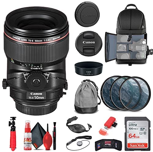 Canon TS-E 50mm f/2.8L Macro Tilt-Shift Lens (2273C002) + Filter Kit + Backpack + 64GB Card + Card Reader + Flex Tripod + Memory Wallet + Cap Keeper + Cleaning Kit + Hand Strap + More (Renewed)