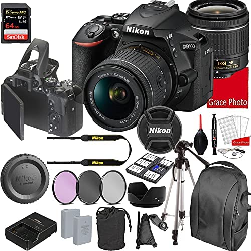 Grace Photo | Nikon Intl. Nikon D5600 DSLR Camera Kit with 18-55mm VR Lens | Built-in Wi-Fi | 24.2 MP CMOS Sensor | SnapBridge Bluetooth Connectivity | Extreme Speed 64GB Mempry Card (27pc Bundle)