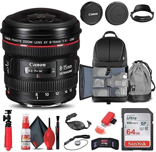 Canon EF 8-15mm f/4L Fisheye USM Lens (4427B002) + Backpack + 64GB Card + Card Reader + Flex Tripod + Memory Wallet + Cap Keeper + Cleaning Kit + Hand Strap + More (Renewed)