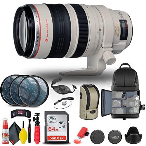 Canon EF 28-300mm f/3.5-5.6L is USM Lens (9322A002) + Filter Kit + Backpack + 64GB Card + Card Reader + Flex Tripod + Memory Wallet + Cap Keeper + Cleaning Kit + Hand Strap + More (Renewed)