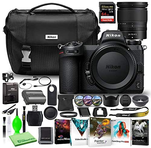 Nikon Z 7II 45.7MP Mirrorless Digital Camera with 24-70mm Lens (1656) USA Model Deluxe Bundle with SanDisk 64GB Extreme SD Card + Nikon DSLR Camera Bag + Corel Editing Software + Filter Kit