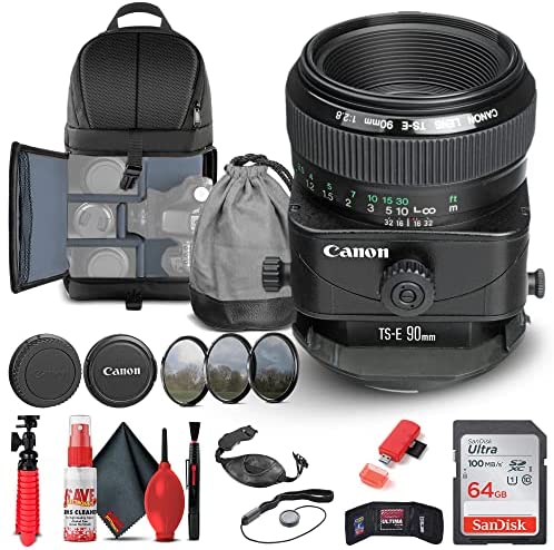 Canon TS-E 90mm f/2.8 Tilt-Shift Lens (2544A003) + Filter Kit + Backpack + 64GB Card + Card Reader + Flex Tripod + Memory Wallet + Cap Keeper + Cleaning Kit + Hand Strap + More (Renewed)