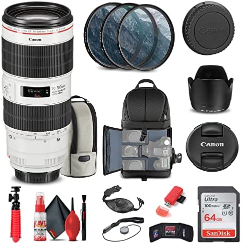 Canon EF 70-200mm f/2.8L is III USM Lens (3044C002) + Filter Kit + Backpack + 64GB Card + Card Reader + Flex Tripod + Memory Wallet + Cap Keeper + Cleaning Kit + Hand Strap + More (Renewed)