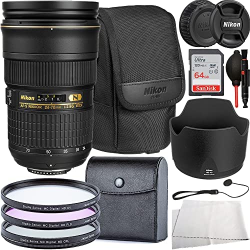 Nikon AF-S NIKKOR 24-70mm f/2.8G ED Lens w/12pc Starter Accessory Bundle. Includes 64GB Ultra Memory Card, Lens Hood, Lens Case, 3pc Filter Kit, Lens Cap Keeper, Dust Blower, & More.