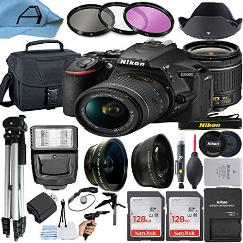 Nikon D5600 DSLR Camera 24.2MP Sensor with NIKKOR 18-55mm f/3.5-5.6G VR Lens, 2 Pack SanDisk 128GB Memory Card, Bag, Tripod, Slave Flash Light and A-Cell Accessory Bundle (Black)