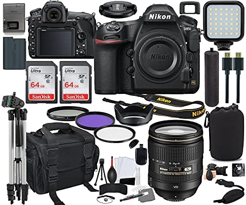 Nikon D850 DSLR Camera (1585) with 24-120mm Lens Bundle + Prime Accessory Kit Including 128GB Memory, Light, Camera Case, Hand Grip & More