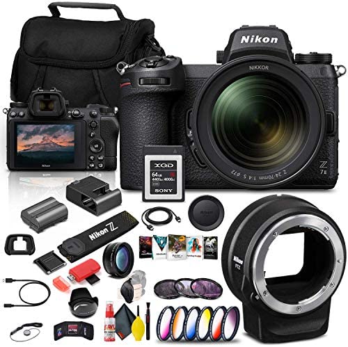 Nikon Z 7II Mirrorless Digital Camera 45.7MP with 24-70mm Lens (1656) + FTZ Mount + 64GB XQD Card + Corel Software + Case + 3 Piece Filter Kit + Color Filter Kit + More - International Model (Renewed)