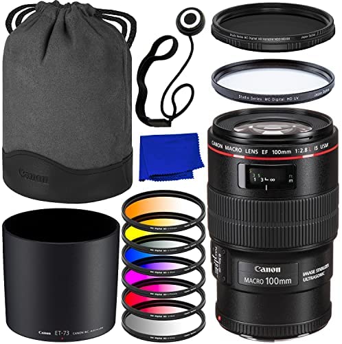 Canon EF 100mm f/2.8L Macro IS USM Lens + Variable Neutral Density Filter (ND2-ND400), 6PC Gradual Color Filter Kit(Purple, Grey, Blue, Red, Orange, Yellow), Multi-Coated UV Filter &More (15pc Bundle)