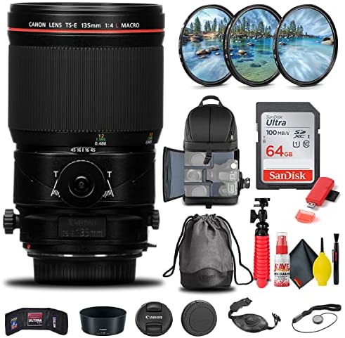 Canon TS-E 135mm f/4L Macro Tilt-Shift Lens (2275C002) + Filter Kit + Backpack + 64GB Card + Card Reader + Flex Tripod + Memory Wallet + Cap Keeper + Cleaning Kit + Hand Strap + More (Renewed)