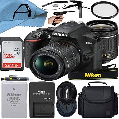 Nikon D3500 DSLR Camera 24.2MP Sensor with NIKKOR 18-55mm f/3.5-5.6G VR Lens, SanDisk 128GB Memory Card, Case, Tripod and A-Cell Accessory Bundle (Black)
