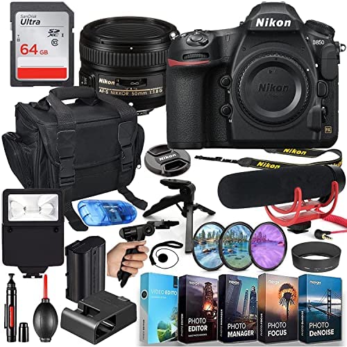 Nikon D850 DSLR Camera MFR#1585 & 50mm f/1.8 G Lens Video Makers Bundle with Rode Video Mic Go + 64GB Memory + Flash, Shoulder Bag, Grip Tripod, HD Filters, Video/Photo Editing Software Package & More