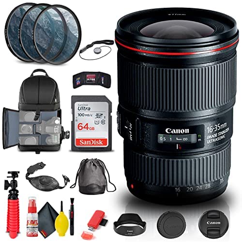 Canon EF 16-35mm f/4L is USM Lens (9518B002) + Filter Kit + Backpack + 64GB Card + Card Reader + Flex Tripod + Memory Wallet + Cap Keeper + Cleaning Kit + Hand Strap + More (Renewed)