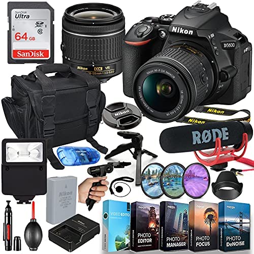 Nikon D5600 DSLR Camera with 18-55mm Lens MFR #1576 Video Makers Bundle with Rode Video Mic Go + 64GB Memory + Flash, Shoulder Bag, Grip Tripod, HD Filter, Video/Photo Editing Software Package & More