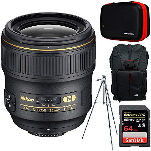 Nikon AF FX Full Frame NIKKOR 35mm f/1.4G Fixed Focal Length Lens + 64GB Accessories Bundle Includes Backpack for Cameras + All-in-1 Cleaning Kit for DSLR Cameras + 60