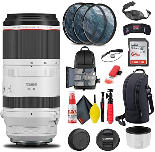 Canon RF 100-500mm f/4.5-7.1L is USM Lens (4112C002) + Filter Kit + Backpack + 64GB Card + Card Reader + Flex Tripod + Memory Wallet + Cap Keeper + Cleaning Kit + Hand Strap + More (Renewed)