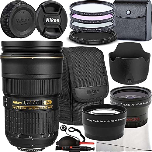 Nikon AF-S NIKKOR 24-70mm f/2.8G ED Lens & Deluxe Accessory Bundle. Includes, Lens Hood, Lens Case, 3pc Filter Kit, 0.43x Wide Angle & 2.2X Telephoto Lens Attachments with Step Rings, & Much More.
