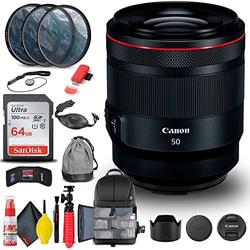 Canon RF 50mm f/1.2L USM Lens (2959C002) + Filter Kit + Backpack + 64GB Card + Card Reader + Flex Tripod + Memory Wallet + Cap Keeper + Cleaning Kit + Hand Strap + More (Renewed)