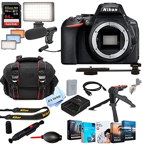 Nikon D5600 DSLR Camera Body (No Lens) | Built-in Wi-Fi|24.2 MP + Shot-Gun Microphone + LED Always on Light+ 64GB Extreme Speed Card, Gripod, Case, and More (26pc Video Bundle)