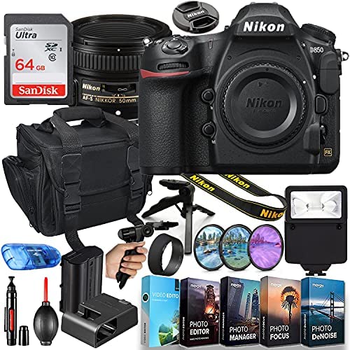 Nikon D850 DSLR Camera MFR#1585 with 50mm f/1.8 G Lens + 64GB High Speed Memory + Slave Flash, Padded Shoulder Bag, Hand Grip Tripod, HD Filters, Video/Photo Editing Software Package & More Nikon D850 DSLR Camera MFR#1585 with 50mm f/1.8 G Lens + 64GB High Speed Memory + Slave Flash, Padded Shoulder Bag, Hand Grip Tripod, HD Filters, Video/Photo Editing Software Package & More