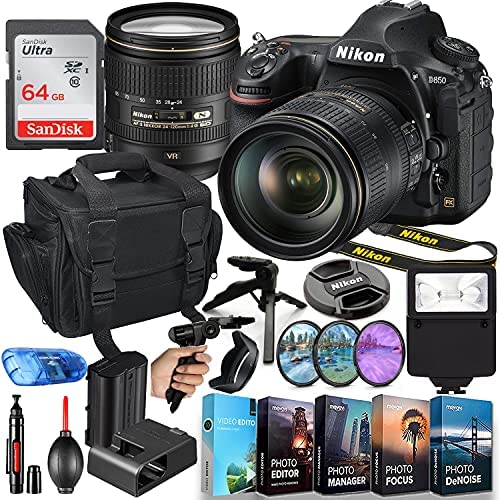 Nikon Intl. D850 DSLR Camera MFR 1585 with 24-120mm Lens + 64GB High Speed Memory + Slave Flash, Padded Shoulder Bag, Hand Grip Tripod, HD Filters, Video/Photo Editing Software Package and More