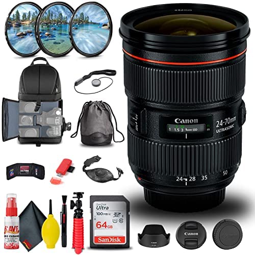 Canon EF 24-70mm f/2.8L II USM Lens (5175B002) + Filter Kit + Backpack + 64GB Card + Card Reader + Flex Tripod + Memory Wallet + Cap Keeper + Cleaning Kit + Hand Strap + More (Renewed)