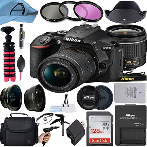 Nikon D5600 DSLR Camera 24.2MP Sensor with NIKKOR 18-55mm f/3.5-5.6G VR Lens, SanDisk 128GB Memory Card, Bag, Tripod, 3 Pack Filters and A-Cell Accessory Bundle (Black)