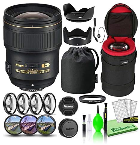 Nikon AF-S NIKKOR 28mm f/1.4E ED Prime Lens (20069) USA Model Bundle Package with Padded Lens Case + Macro Filter Kit + UV, CPL, FL Lens Filters + Tulip Hood + Lens Cap Keeper + Lens Cleaning Kit
