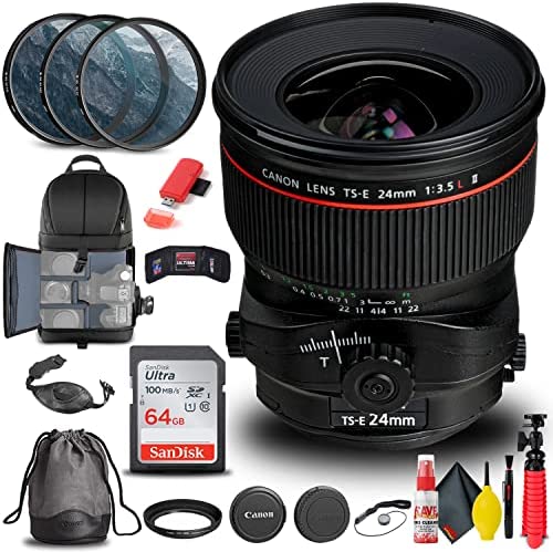 Canon TS-E 24mm f/3.5L II Tilt-Shift Lens (3552B002) + Filter Kit + Backpack + 64GB Card + Card Reader + Flex Tripod + Memory Wallet + Cap Keeper + Cleaning Kit + Hand Strap + More (Renewed)