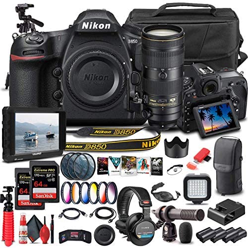Nikon D850 DSLR Camera (Body Only) (1585) + Nikon 70-200mm VR Lens + 4K Monitor + Headphones + Pro Mic + 2 x 64GB Memory Card + Case + Corel Software + Tripod + More (International Model) (Renewed)